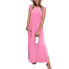 Women's Round Neck Raglan Sleeve Pocket Long Dress