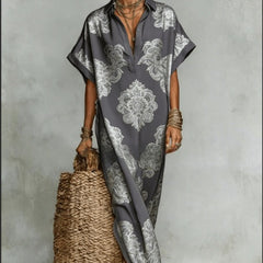 Womens Four-Way Stretch Printed Long Skirt With A Collar