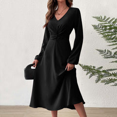 V-neck, Puff Sleeves Fitted Waist Elegant Midi Dress