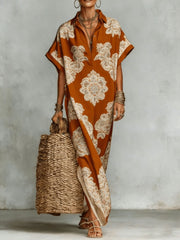 Womens Four-Way Stretch Printed Long Skirt With A Collar