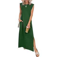 Women's Round Neck Raglan Sleeve Pocket Long Dress