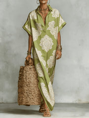 Womens Four-Way Stretch Printed Long Skirt With A Collar