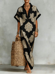 Womens Four-Way Stretch Printed Long Skirt With A Collar
