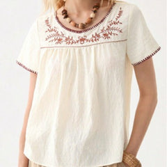 Summer Womens Clothing Crew-neck Embroidered Short Sleeves