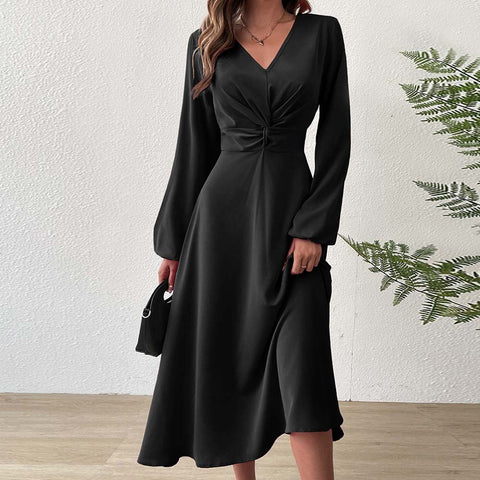 V-neck, Puff Sleeves Fitted Waist Elegant Midi Dress