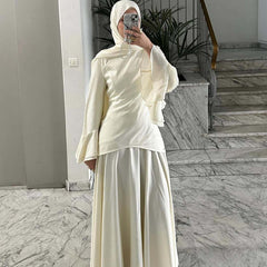 Solid-color Long-sleeve Elegant Headscarf Dress Set