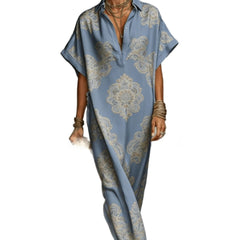 Womens Four-Way Stretch Printed Long Skirt With A Collar
