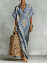 Womens Four-Way Stretch Printed Long Skirt With A Collar