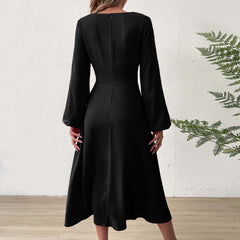 V-neck, Puff Sleeves Fitted Waist Elegant Midi Dress