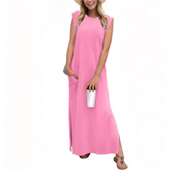 Women's Round Neck Raglan Sleeve Pocket Long Dress