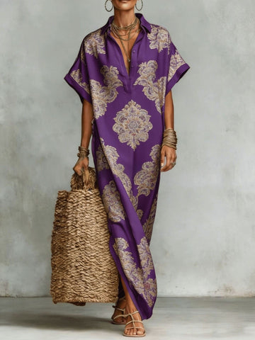 Womens Four-Way Stretch Printed Long Skirt With A Collar
