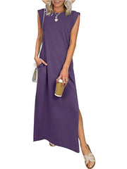 Women's Round Neck Raglan Sleeve Pocket Long Dress