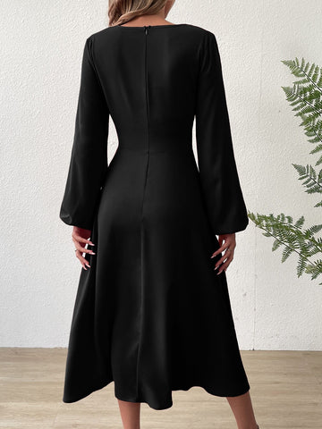 V-neck, Puff Sleeves Fitted Waist Elegant Midi Dress