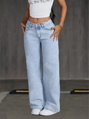 Women's High-Waisted Non-Stretch Wide Leg Jeans, Light Wash Straight Leg Denim Pants