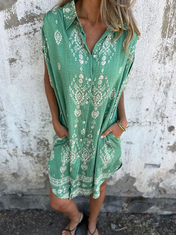 Loose Lapel Sleeveless Shirt Dress With Button Fashion Ethnic-style Printed Button Dresses For Beach