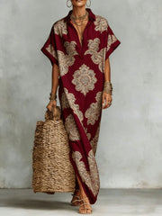 Womens Four-Way Stretch Printed Long Skirt With A Collar
