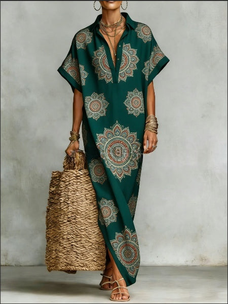 Womens Four-Way Stretch Printed Long Skirt With A Collar